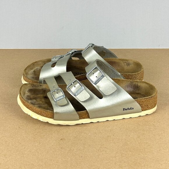 Betula Birkenstock Leo Three Strap Buckle Sandals Womens 8 Silver Soft Footbed - Picture 1 of 10